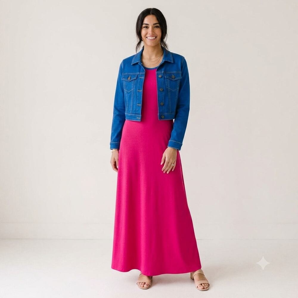 LuLaRoe Ana Maxi Dress Womens Medium Pink Blue Ringer Fit Flare Long Tall Modest